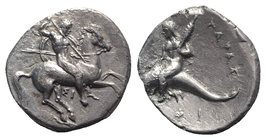 Southern Apulia, Tarentum, c. 332-302 BC. AR Nomos (20mm, 7.60g, 6h). Warror, preparing to throw spear and holding shield and two more spears, on hors...