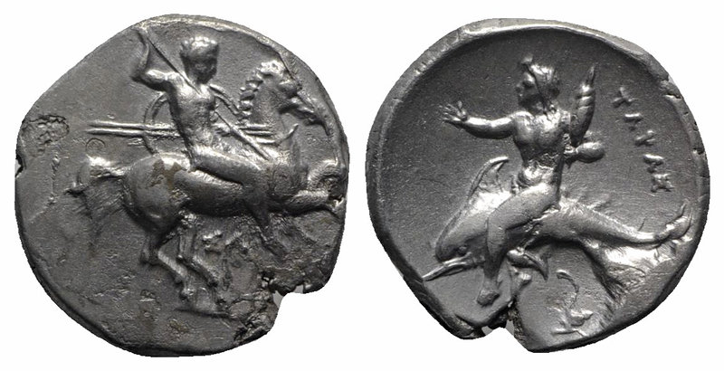 Southern Apulia, Tarentum, c. 332-302 BC. AR Nomos (21mm, 7.85g, 1h). Warrior, h...