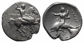 Southern Apulia, Tarentum, c. 332-302 BC. AR Nomos (21mm, 7.85g, 1h). Warrior, holding shield and two spears, preparing to cast a third, on horseback ...