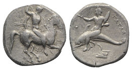 Southern Apulia, Tarentum, c. 332-302 BC. AR Nomos (19mm, 7.84g, 9h). Warrior, holding shield and two spears, preparing to cast a third, on horseback ...