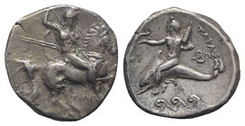 Southern Apulia, Tarentum, c. 332-302 BC. AR Nomos (19mm, 7.72g, 3h). Warrior, holding shield and two spears, preparing to cast a third, on horseback ...