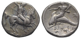 Southern Apulia, Tarentum, c. 332-302 BC. AR Nomos (19mm, 7.71g, 12h). Warrior, holding shield and two spears, preparing to cast a third, on horseback...