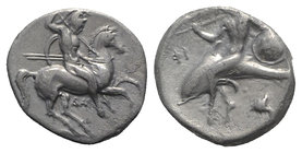 Southern Apulia, Tarentum, c. 332-302 BC. AR Nomos (19.5mm, 7.79g, 3h). Warrior, holding shield and two spears, preparing to cast a third, on horsebac...