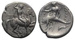 Southern Apulia, Tarentum, c. 315-302 BC. AR Nomos (20mm, 7.74g, 6h). Horseman riding r., holding two spears and shield, preparing to cast third spear...