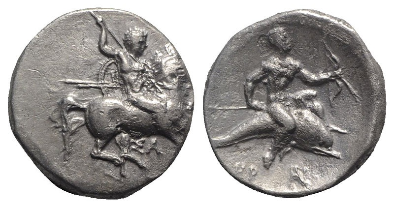 Southern Apulia, Tarentum, c. 315-302 BC. AR Nomos (22mm, 7.66g, 5h). Warrior on...