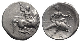 Southern Apulia, Tarentum, c. 315-302 BC. AR Nomos (22mm, 7.66g, 5h). Warrior on horse galloping r., holding shield and two spears, striking with a th...