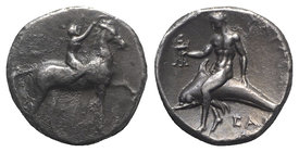 Southern Apulia, Tarentum, c. 302-280 BC. AR Nomos (20mm, 7.88g, 9h). Youth on horseback r., crowning horse; ΣA to l., APE/ΘΩN in two lines below. R/ ...