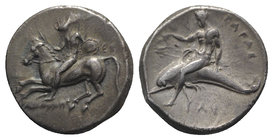 Southern Apulia, Tarentum, c. 302-280 BC. AR Nomos (21.5mm, 7.86g, 12h). Nude youth, holding shield and rein, on horseback l., ΦIΛOKΛHΣ below. R/ Phal...