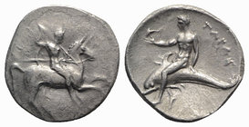 Southern Apulia, Tarentum, c. 302-280 BC. AR Nomos (23mm, 7.68g, 6h). Warrior on horseback r., holding shield and two spears, preparing to cast a thir...