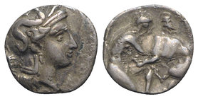 Southern Apulia, Tarentum, c. 325-280 BC. AR Diobol (10mm, 1.02g, 9h). Head of Athena r., wearing crested helmet decorated with Skylla. R/ Herakles st...