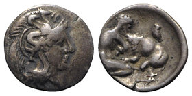 Southern Apulia, Tarentum, c. 325-280 BC. AR Diobol (11mm, 1.17g, 3h). Head of Athena r., wearing crested helmet decorated with hippocamp. R/ Herakles...