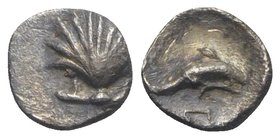 Southern Apulia, Tarentum, c. 325-280 BC. AR Hemilitron (6mm, 0.29g, 6h). Shell. R/ Dolphin leaping r.; Π(?) below. Cf. Vlasto 1552; HNItaly 980. VF