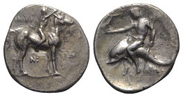 Southern Apulia, Tarentum, c. 280-272 BC. AR Nomos (22mm, 6.39g, 6h). Nude youth on horseback r., crowning horse with wreath; ΦIΛOKPA to upper l., NK ...