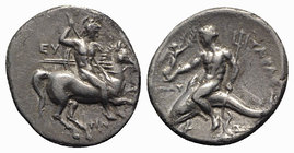 Southern Apulia, Tarentum, c. 280-272 BC. AR Nomos (21mm, 6.39g, 6h). Warrior on horseback r., holding shield and thrusting with spear. R/ Taras astri...