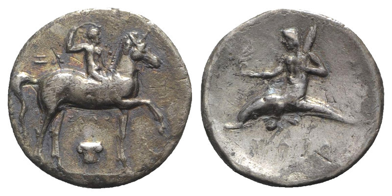 Southern Apulia, Tarentum, c. 280-272 BC. AR Nomos (21mm, 6.24g, 6h). Youth on h...