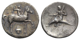 Southern Apulia, Tarentum, c. 280-272 BC. AR Nomos (21mm, 6.24g, 6h). Youth on horseback r., crowning self; ΣΩ to l., ΞAΛO and Ionic capital below. R/...