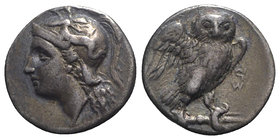 Southern Apulia, Tarentum, c. 280-272 BC. AR Drachm (14mm, 3.16g, 11h). Helmeted head of Athena l. R/ Owl standing r., head facing; ΣΩ to r. Vlasto 10...