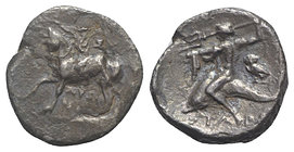 Southern Apulia, Tarentum, c. 272-240 BC. AR Nomos (20mm, 5.71g, 3h). Nude youth crowning horse he rides l. R/ Phalanthos, preparing to throw trident ...