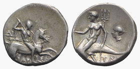 Southern Apulia, Tarentum, c. 272-240 BC. AR Nomos (18mm, 6.34g, 1h). Warrior, holding shield and two spears, preparing to cast a third, on horseback ...