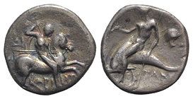 Southern Apulia, Tarentum, c. 272-240 BC. AR Nomos (19mm, 6.15g, 10h). Warrior, holding shield and two spears, preparing to cast a third, on horseback...