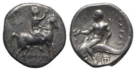 Southern Apulia, Tarentum, c. 272-240 BC. AR Nomos (19mm, 6.25g, 7h). Youth on horseback r., saluting; [ΦIΛIΣKOΦΣ below]. R/ Phalanthos riding dolphin...