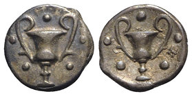 Southern Apulia, Tarentum, c. 280-228 BC. AR Obol (8mm, 0.47g, 3h). Kantharos; five pellets around. R/ Kantharos; five pellets around, H to r. Vlasto ...