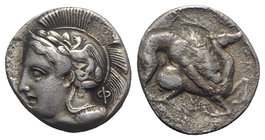 Northern Lucania, Velia, c. 440/35-400 BC. AR Didrachm (20mm, 6.92g, 9h). Head of Athena l., wearing crested Attic helmet decorated with a laurel bran...