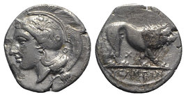 Northern Lucania, Velia, c. 340-334 BC. AR Stater (21mm, 7.22g, 6h). Theta Group. Head of Athena l., wearing crested Attic helmet decorated with griff...