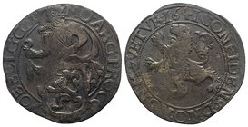 Netherlands, Gelderland. AR Leeuwendaalder 1641 (41mm, 26.67g, 3h). Knight standing l., head r., holding up garnished coat-of-arms in foreground. R/ L...