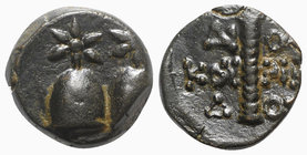 Kolchis, Dioskourias, c. 2nd-1st centuries BC. Æ (15mm, 4.35g, 12h). Piloi of the Dioskouroi surmounted by stars. R/ Thyrsos. SNG BM Black Sea 1021; S...