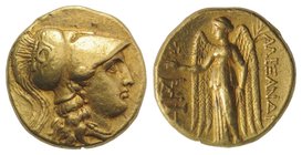 Kings of Macedon, Alexander III 'the Great' (336-323 BC). AV Stater (17mm, 8.57g, 11h). Miletos, c. 300-295 BC. Head of Athena r., wearing crested Cor...