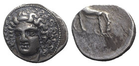 Thessaly, Larissa, c. 400-370 BC. AR Drachm (18mm, 5.88g, 11h). Head of the nymph Larissa facing slightly l., with hair on ampyx. R/ Horse grazing r. ...