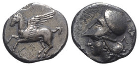 Akarnania, Leukas, c. 435-380 BC. AR Stater (21mm, 7.57g, 6h). Pegasos flying l.; Λ below. R/ Helmeted head of Athena l.; Λ and caduceus behind. Pegas...