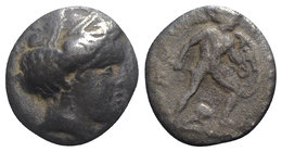 Lokris, Lokris Opuntii, c. 360-350 BC. AR Hemidrachm – Triobol (13mm, 2.11g, 12h). Wreathed head of Demeter r. R/ Ajax, nude but for Corinthian helmet...