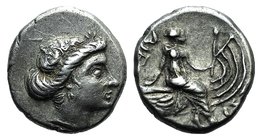 Euboia, Histiaia, 3rd-2nd centuries BC. AR Tetrobol (13mm, 2.39g, 6h). Wreathed head of the nymph Histiaia r. R/ Nymph seated r. on stern of galley; w...