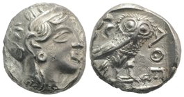 Attica, Athens, c. 454-404 BC. AR Tetradrachm (23mm, 16.87g, 9h). Helmeted head of Athena r. R/ Owl standing r., head facing; olive sprig behind; all ...