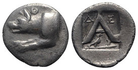 Argolis, Argos, c. 270-260/50 BC. AR Triobol or Hemidrachm (14.5mm, 2.35g, 12h). Forepart of wolf at bay l.; Θ above. R/ Large A; Δ-E above; below, ea...