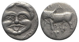 Mysia, Parion, 4th century BC. AR Hemidrachm (12mm, 2.04g, 6h). Gorgoneion. R/ Bull standing l., head r.; below, bunch of grapes. SNG BnF –; SNG von A...