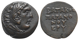Ionia, Erythrai, c. 300-200 BC. Æ (16mm, 1.99g, 12h). Batakos, son of Paramonos, magistrate. Head of Herakles r., wearing lion skin. R/ Legend in four...
