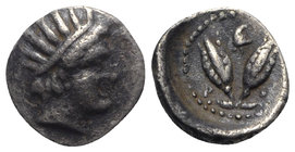 Islands of Caria, Rhodos. Rhodes, c. 275-250 BC. AR Diobol (9mm, 0.96g, 6h). Radiate head of Helios r. R/ Two rose buds; above, Phrygian helmet. Ashto...