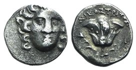 Island of Caria. Rhodes, Mercenaries from Macedon. Time of Perseus (179-168 BC). AR Tetrobol (13mm, 2.17g, 5h). Nikostratos, magistrate. Head of Helio...