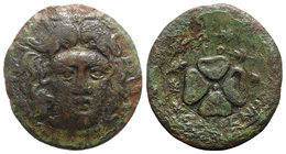 Islands of Caria, Rhodes, early 1st century AD. Æ (34mm, 17.25g, 12h). Sosthenes, magistrate. Facing radiate head of Helios. R/ Rose seen from above, ...