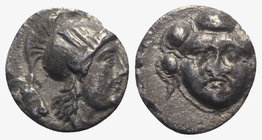 Pisidia, Selge, c. 350-300 BC. AR Obol (9mm, 0.88g, 6h). Facing gorgoneion. R/ Helmeted head of Athena r. SNG BnF 1934. Toned, VF