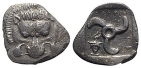 Dynasts of Lycia, Mithrapata (c. 390-370 BC). AR Stater (23mm, 9.59g, 12h). Facing lion scalp. R/ Triskeles; to l., head of Hermes facing slightly l.,...