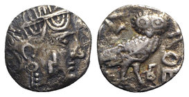 Southern Arabia, Saba', late 4th–mid 2nd centuries BC. AR Drachm (15mm, 4.49g, 6h). Imitating Athens. Helmeted head of Athena r.; Sabaean n on cheek. ...