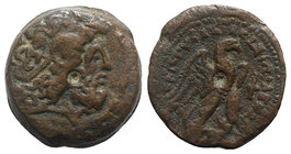 Ptolemaic Kings of Egypt, Ptolemy VIII Euergetes II (145-116 BC). Æ Diobol (24mm, 13.00g, 12h). Kyrene. Head of Zeus-Ammon r., wearing tainia. R/ Eagl...