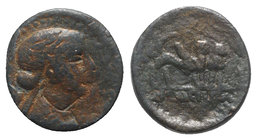 Ptolemaic Kings of Egypt, Cleopatra VII (51-30 BC). Æ (17mm, 5.43g, 1h). Orthoseia, year 3 (35/4 BC). Diademed and draped bust r. R/ Baal of Orthoseia...