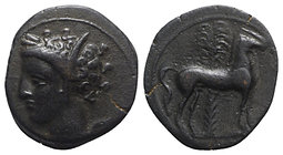 Carthage, c. 400-350 BC. Æ (16mm, 2.56g, 11h). Wreathed head of Tanit l. R/ Horse standing r. before palm tree. MAA 18; SNG Copenhagen 109-19. Good Fi...