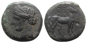 Carthage, after 241 BC. Æ Dishekel (27mm, 11.89g, 12h). Wreathed head of Tanit l., wearing triple-pendant earring and necklace. R/ Horse standing r., ...