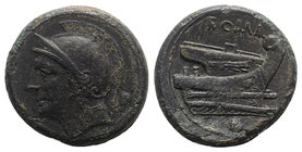 Anonymous, Rome, c. 217-215 BC. Æ Uncia (25mm, 13.40g, 12h). Helmeted head of Roma l. R/ Prow of galley r. Crawford 38/6; RBW 98-9. VF